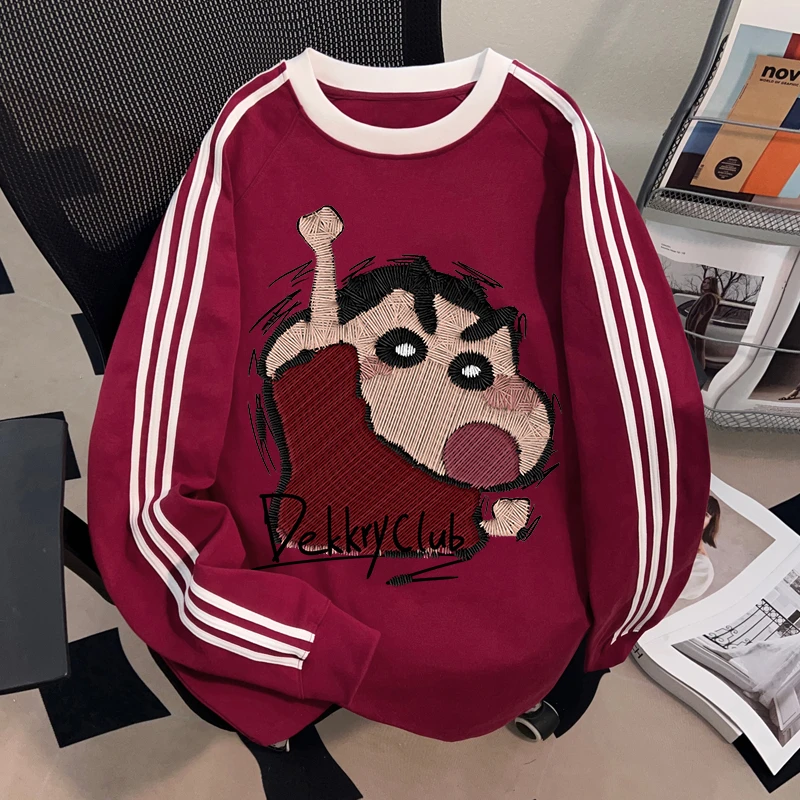 Dekkry酒红色三条杠t恤仿刺绣蜡笔小新秋冬纯棉长袖男女宽松上衣