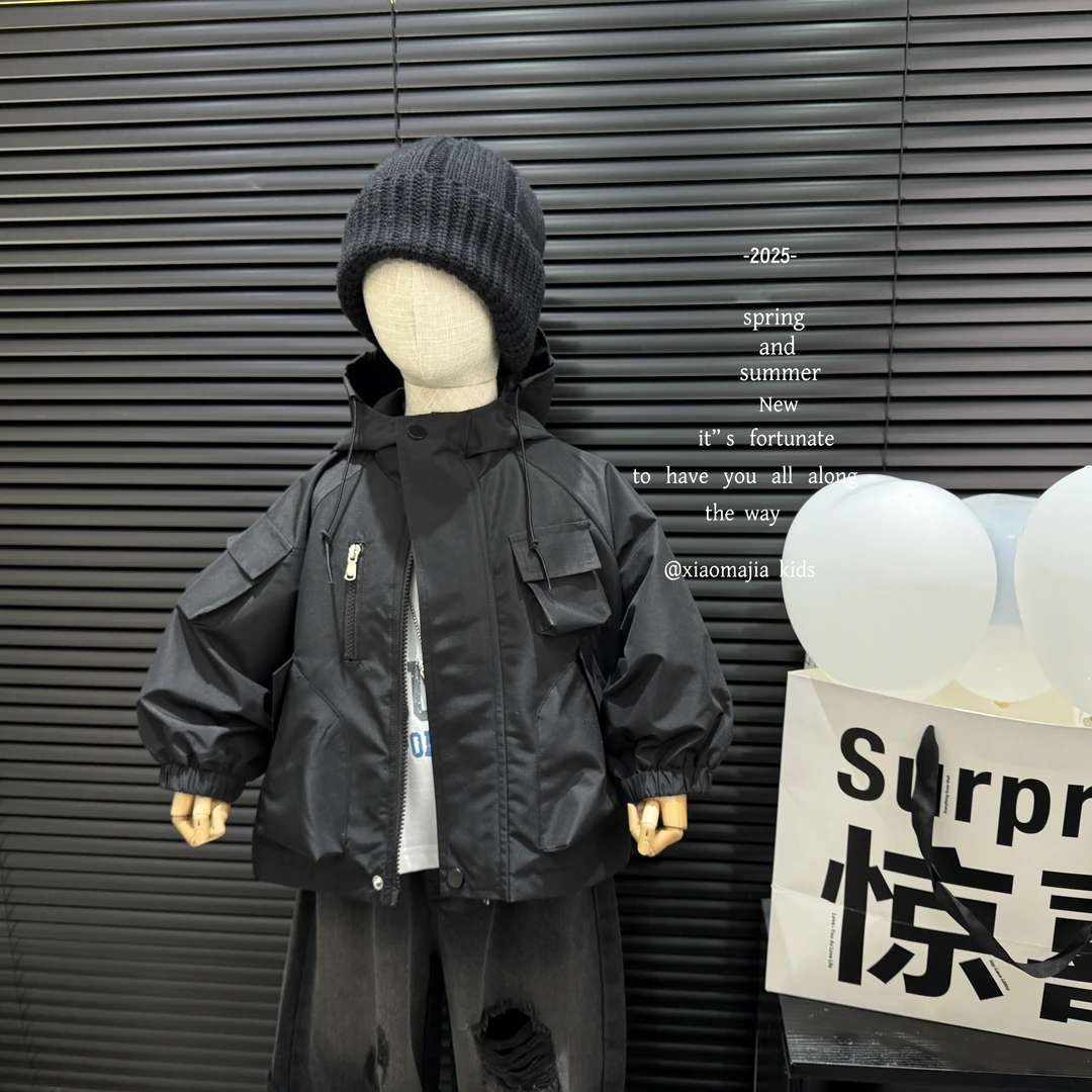 现货-儿童春季新款连帽外套D-5128韩版工装冲锋衣时尚男女同款
