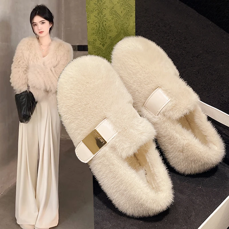 法式平底毛毛鞋女外穿2025新款秋冬季百搭轻便配裙子毛绒豆豆鞋子