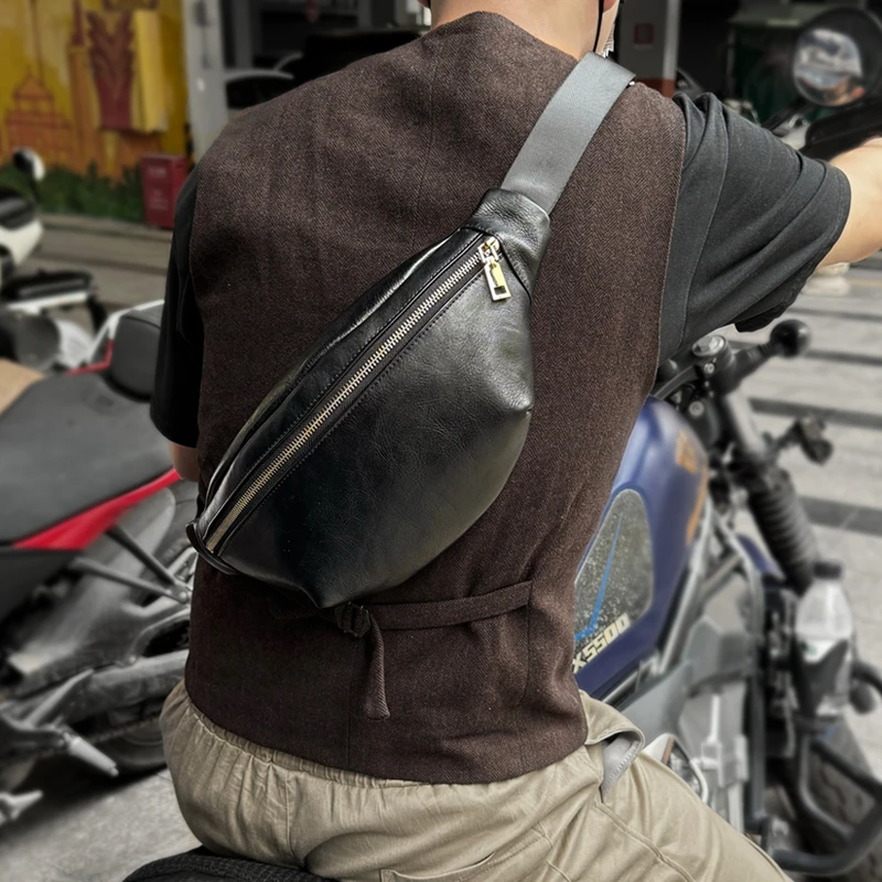胸包男士真皮斜挎包复古手工植鞣牛皮腰包单肩皮包潮牌骑行小背包