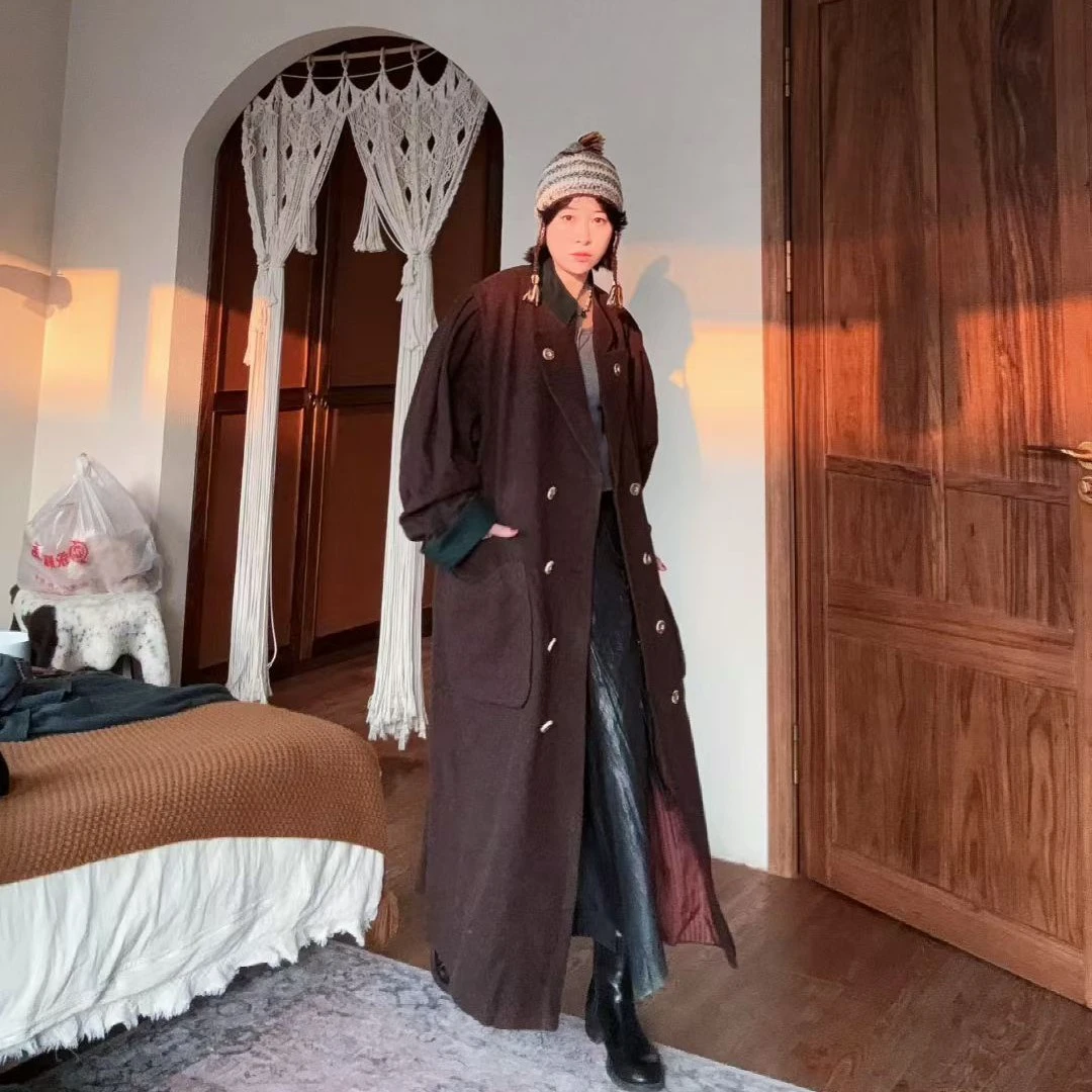巴伐/棕红色长款大衣外套