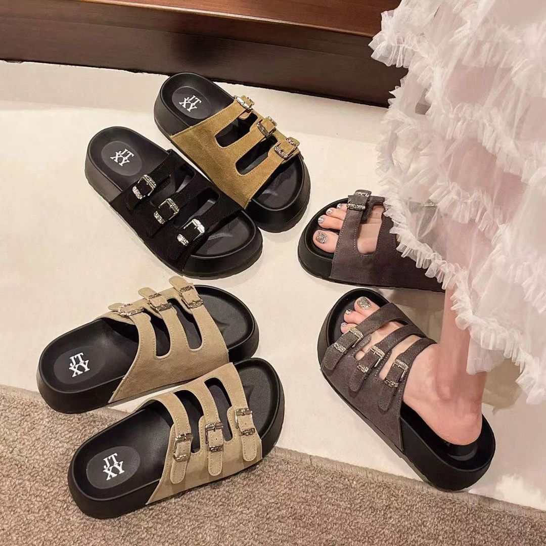 休闲百搭懒人增高沙滩一字凉拖鞋港风厚底勃肯拖鞋女外穿夏季G801