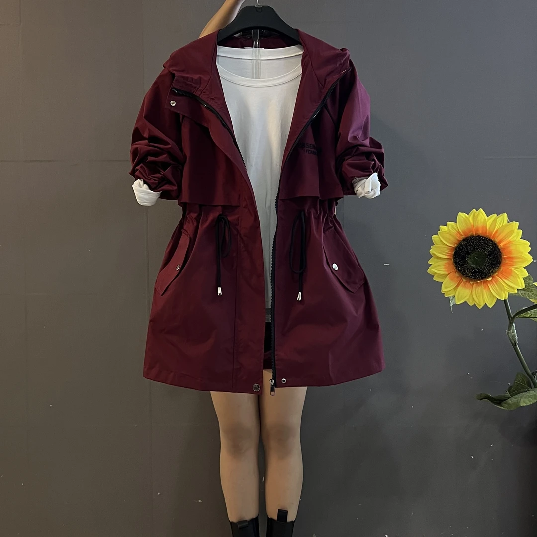 秋季新款风衣外套连帽字母抽绳设计收腰显瘦洋气外套
