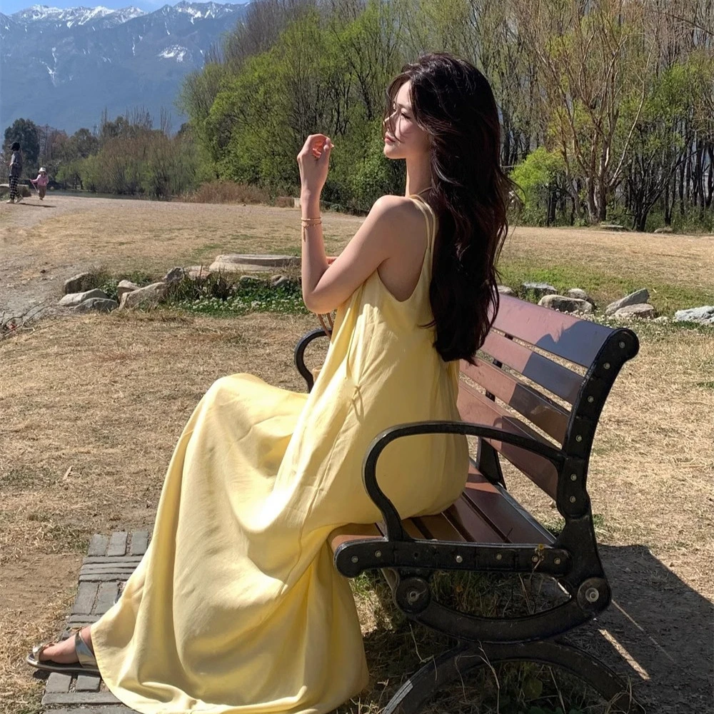 【原版做法】海边度假风黄色吊带连衣裙女夏季宽松休闲沙滩裙仙女显