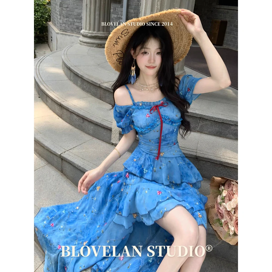 蓝焰之诗 度假风碎花露肩收腰显瘦不规则下摆吊带连衣裙