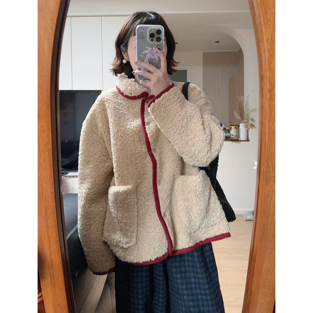 韩系温柔风浅棕色翻领仿羊羔毛外套女2025年新款宽松保暖长袖上衣