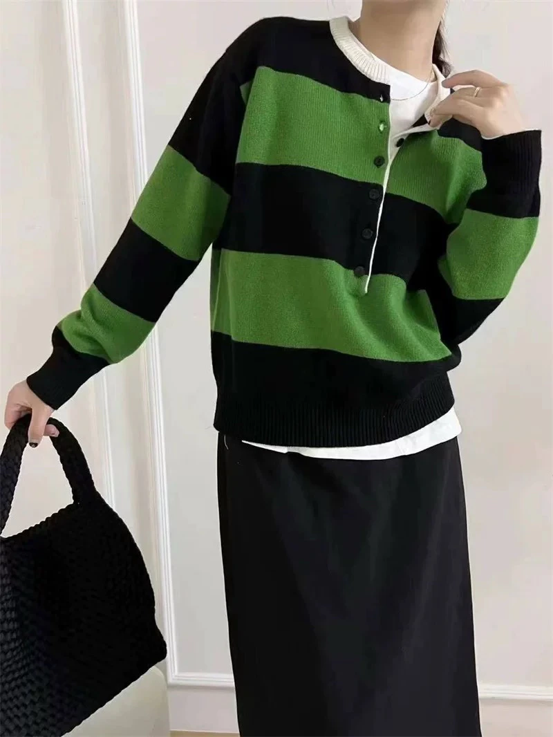 欧洲站拼色条纹设计感针织毛衣9076秋冬新款长袖百搭通勤气质上衣
