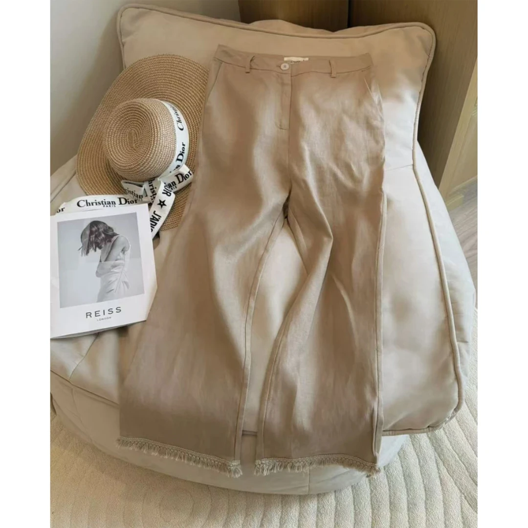 2025夏季新款微喇毛边麻料百搭显瘦高腰裤子气质卡其色阔腿休闲裤