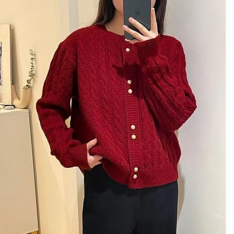 大金扣秋冬绞花加厚开衫女2025新款时尚百搭外套外穿毛衣针织衫