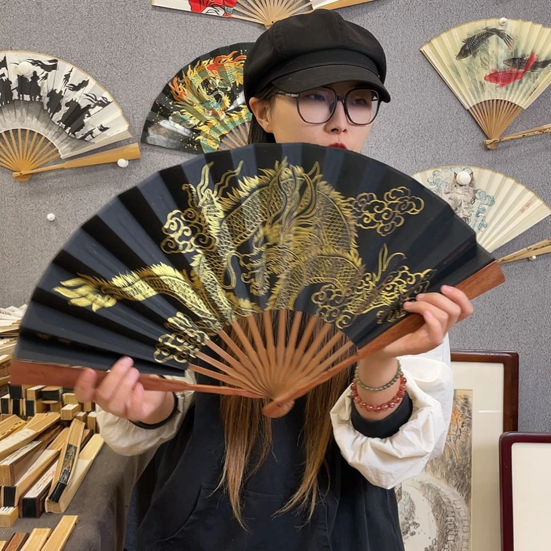 国画10寸红木-纯手绘-文玩扇骨（默认粘好）