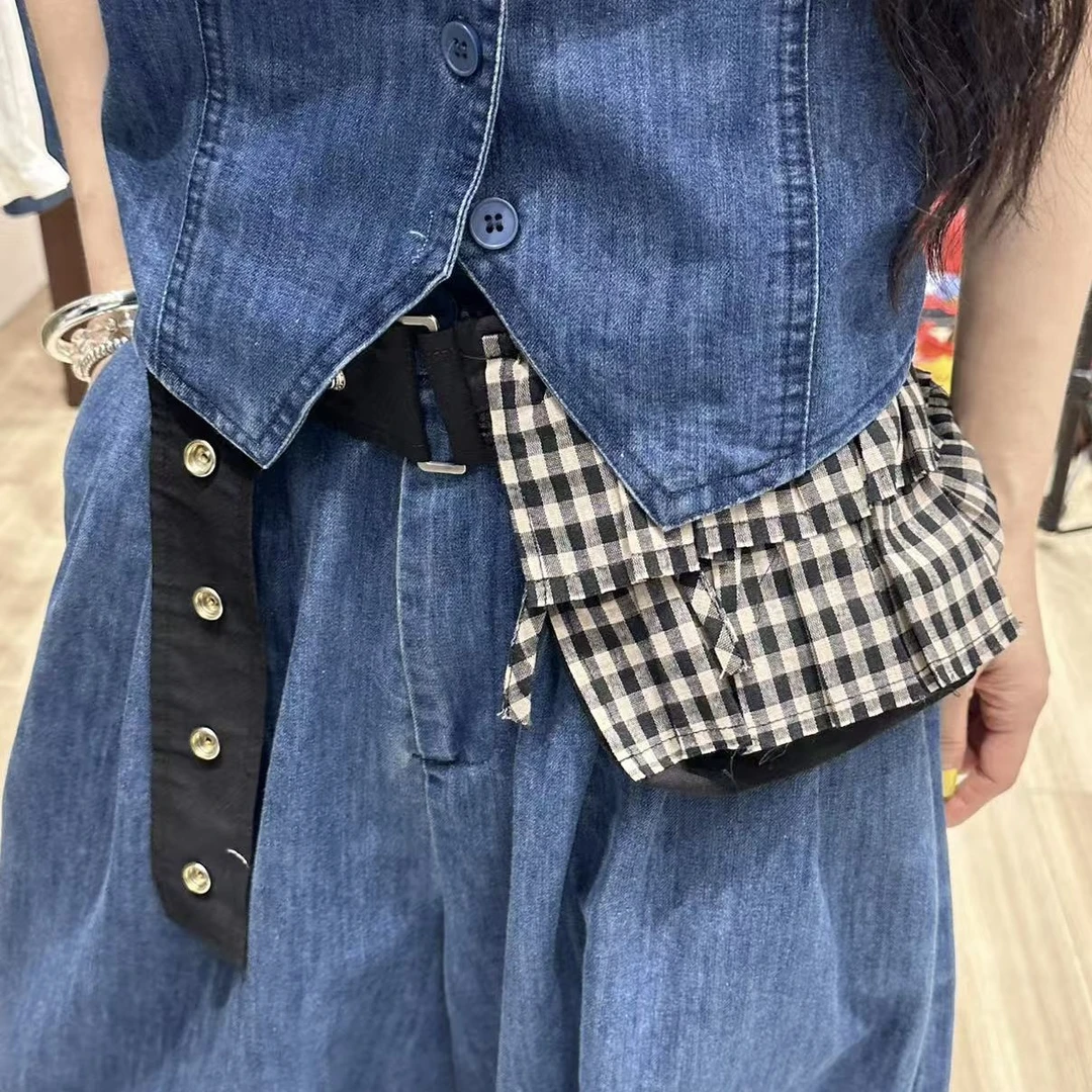 街头古早日系格纹荷叶边腰带单肩包腰包格子挎包