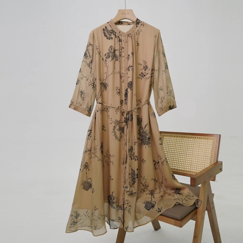 蚕丝短袖连衣裙收腰显瘦水墨印花春夏气质轻奢百搭LW 8255852