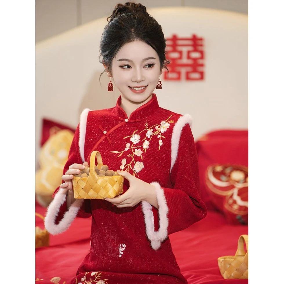 画报夫人袅袅|红色中长款旗袍2025秋冬新款敬酒服新中式订婚礼服