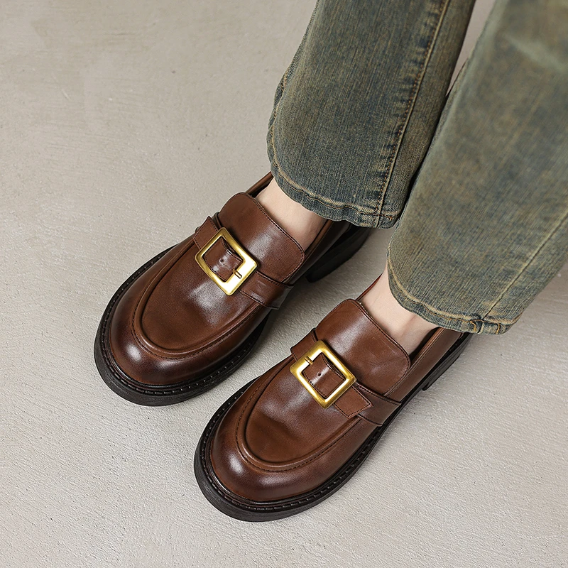 3.5厘米复古圆头皮带扣乐福鞋女英伦风粗跟小皮鞋加绒一脚蹬单鞋