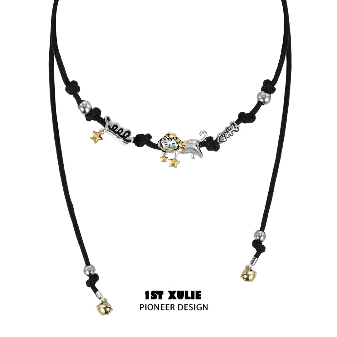 1ST XULIE 合金布艺项链 摆烂猫咪编绳项链原创小众高级感锁骨链