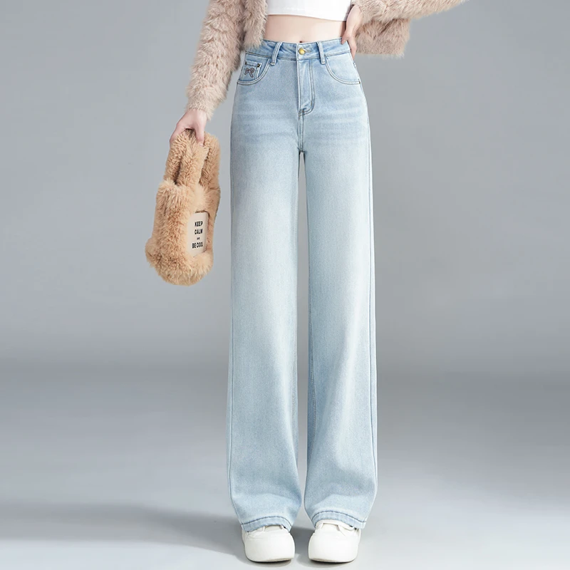 减龄浅蓝色牛仔阔腿裤女2025春夏秋新款高腰宽松修身窄版直筒裤子