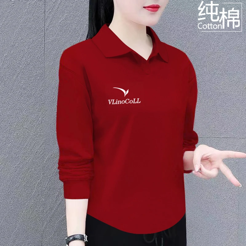 纯棉t恤女夏季新款宽松显瘦小众弧形下摆翻领大码女正肩长袖上衣