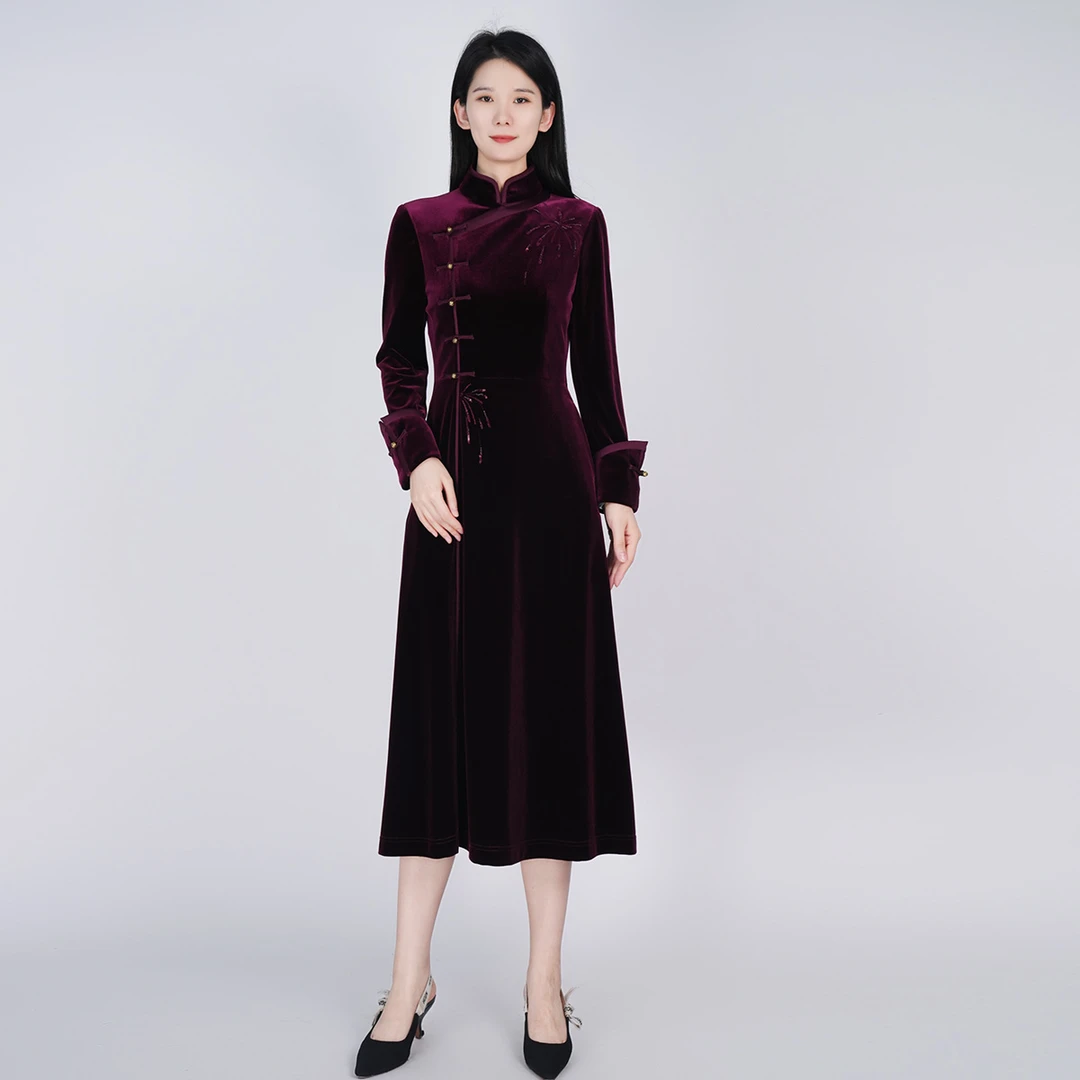 浒城古娘国风丝绒复古气质优雅高贵高级感女星熠连衣裙HASS010033