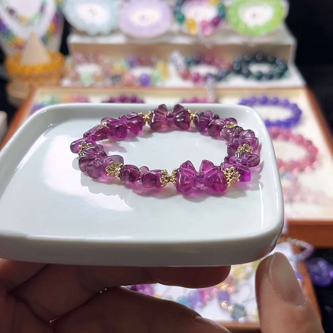 未镶嵌手链萤石树莓紫蝴蝶结13mm