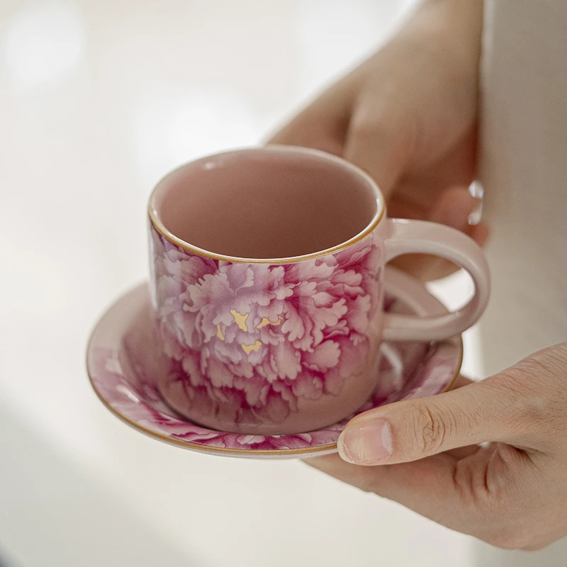 粉彩汝窑繁花牡丹茶咖啡杯茶杯一杯一垫青花陶瓷水杯有耳汝瓷茶具