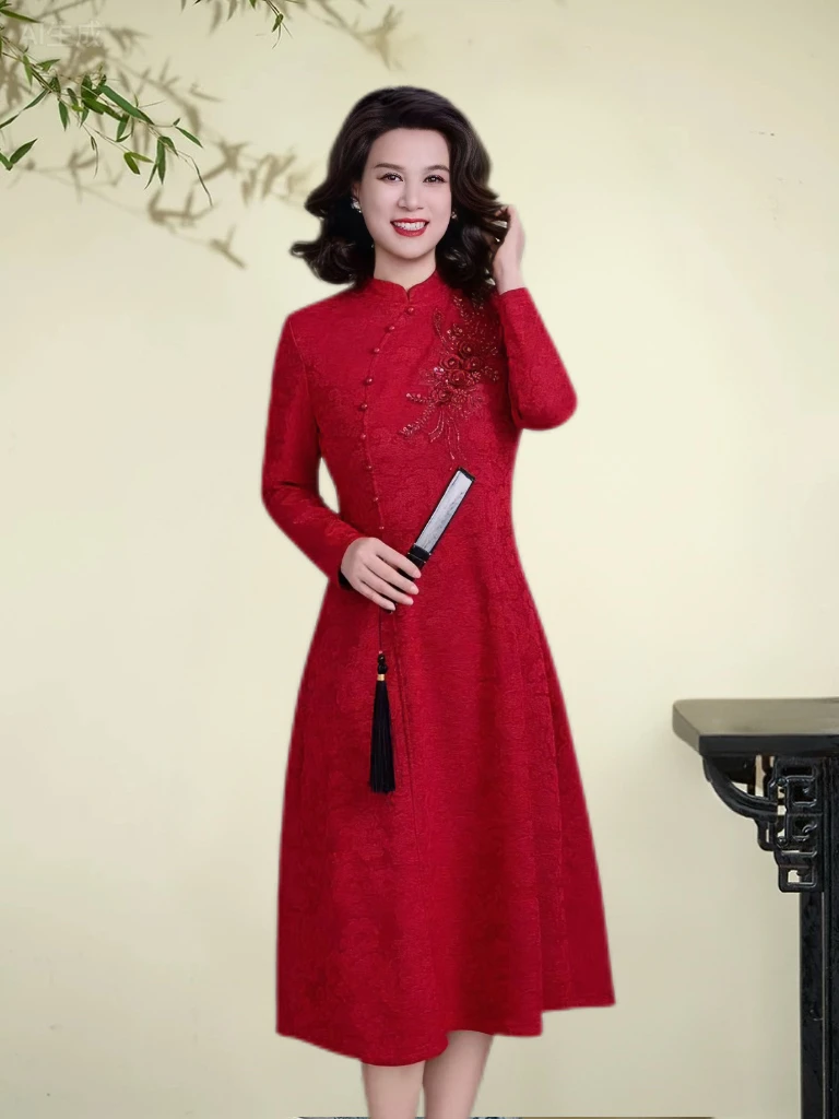 斜襟扣一朵花新中式国风妈妈装1新款旗袍连衣裙中长款中式旗袍裙