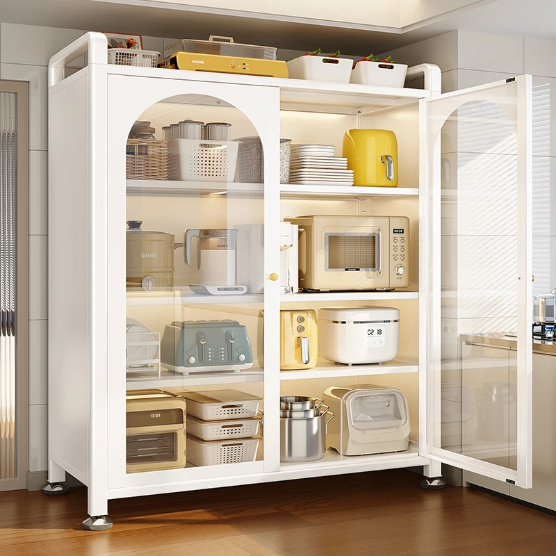 帅仕玻璃门厨房收纳柜落地多功能储物柜置物架烤箱微波炉置物柜