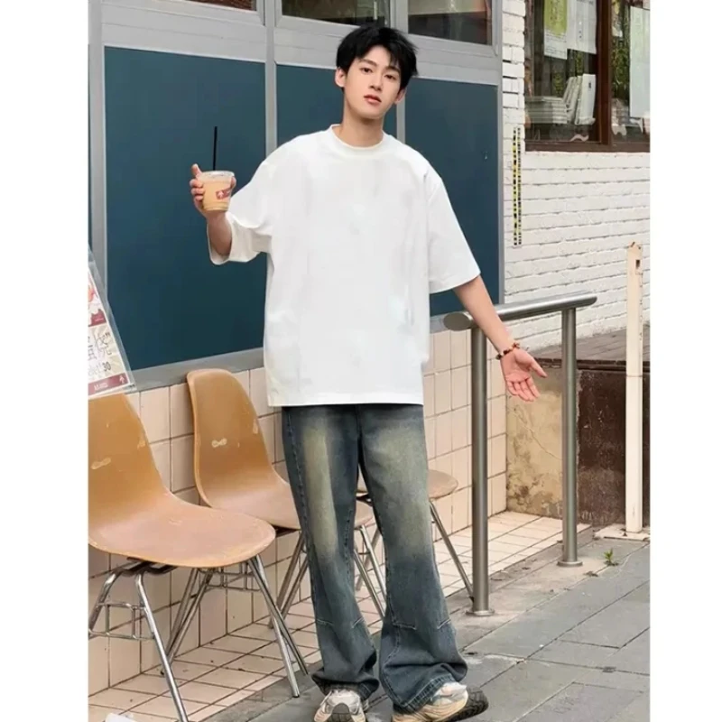 简约百搭纯色短袖t恤男学生韩版宽松夏季中长款潮流半袖上衣服