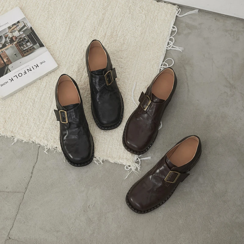 羊皮中跟乐福鞋女2025春季新款复古英伦风皮带扣黑色粗跟圆头单鞋
