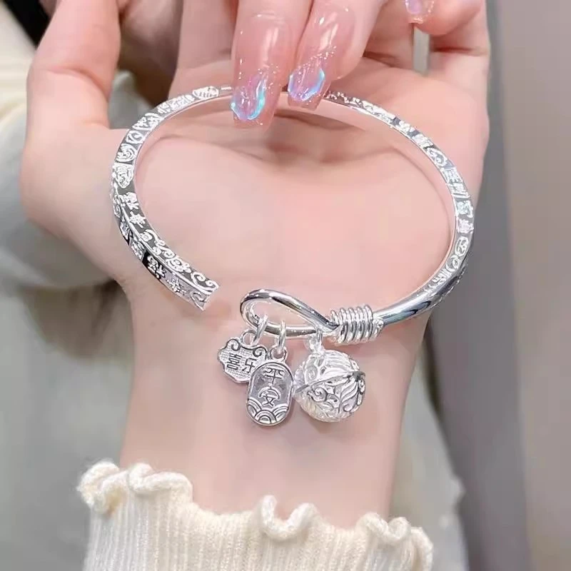 足银手镯 足银999平安福吉言手镯复古经典实心简约古风可调节送礼