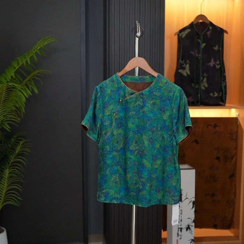 【孔雀翎】高端新中式中国风老钱风圆领花萝上衣短袖斜襟开叉