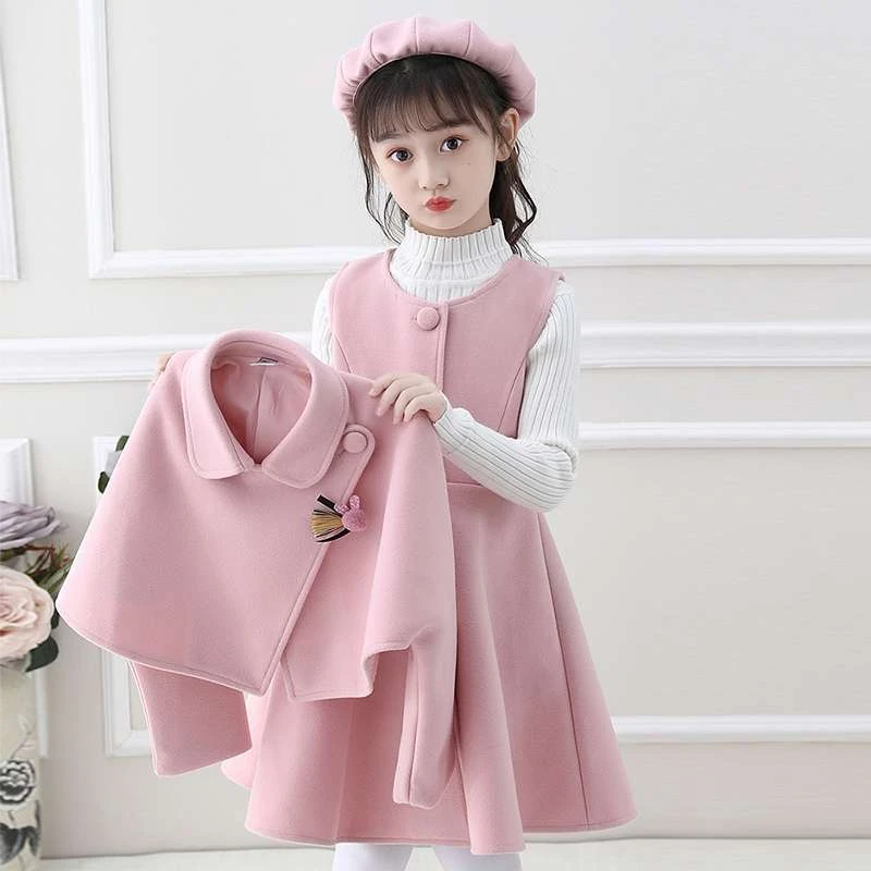 FAVMARTHA女童毛呢连衣裙秋冬装2025新款儿童时髦公主裙套装小女