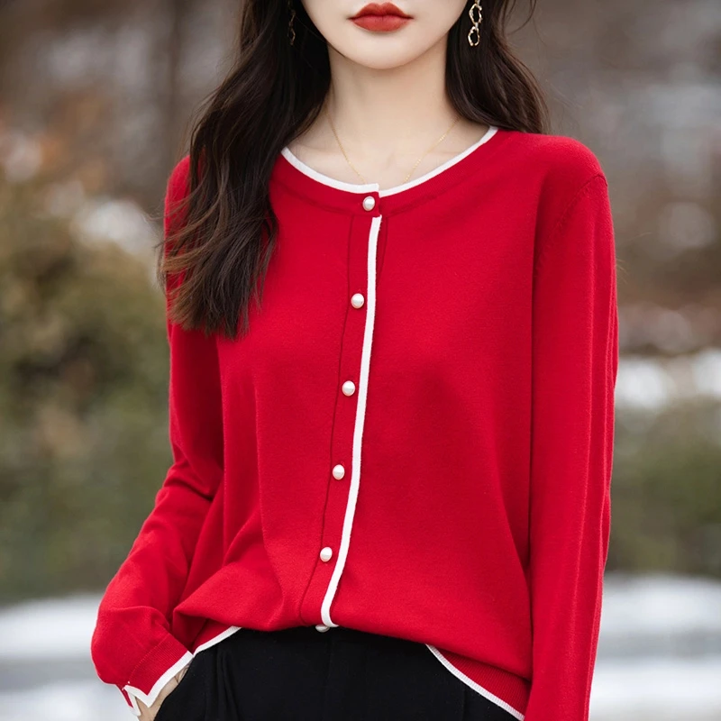 【新年爆款】100纯羊毛小香风圆领针织开衫女薄款撞色减龄外搭