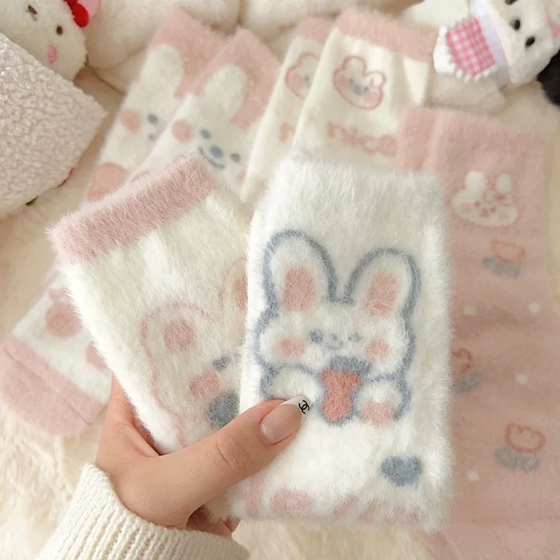 秋冬季保暖加厚毛绒水貂毛袜子睡眠袜女卡通可爱小兔子居家地板袜