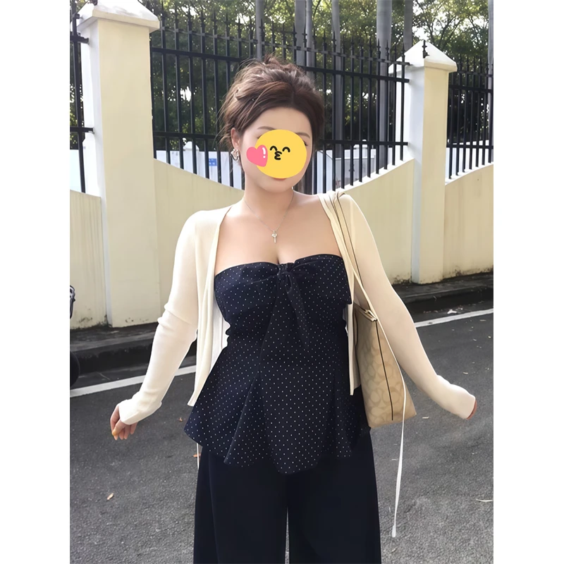 大码女装纯欲风波点抹胸白色开衫两件套新款胖mm韩系早秋穿搭套装