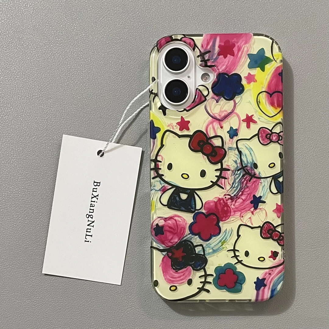 甜酷风水彩颜料涂鸦kitty适用苹果16pro手机壳iPhone15全包14/13