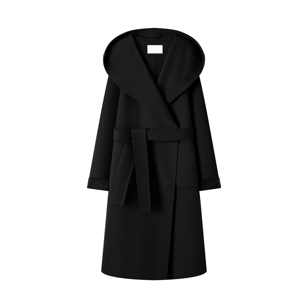 蓝海奕诺连帽浴袍风毛呢外套长款女装经典慵懒风高级感大衣