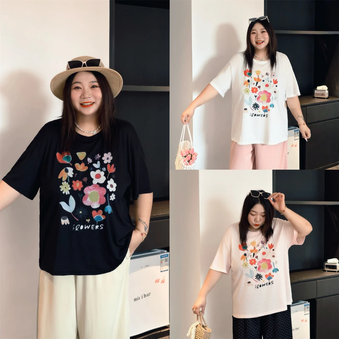 大码女装宽松花契200斤胖mm莱赛尔雪花棉彩色小花圆领T恤 15359