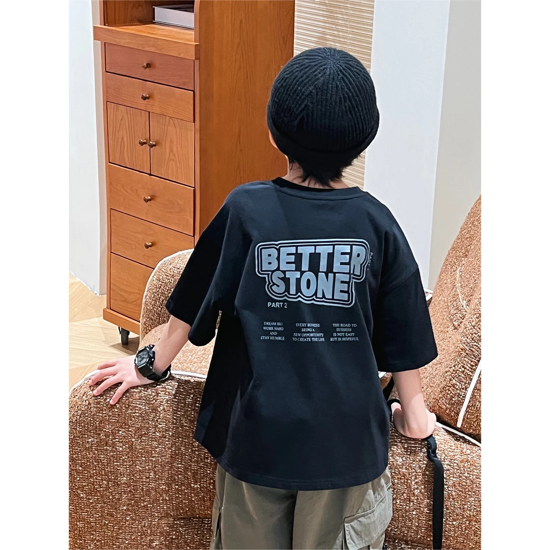 男童短袖t恤2025新款爆款夏季黑色纯棉体恤半袖潮牌宽松印花上衣