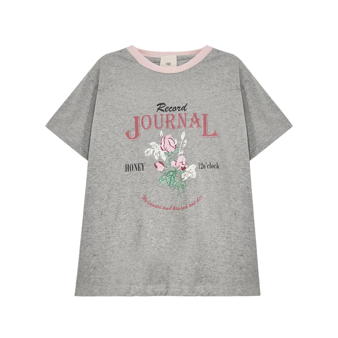 复古撞色夏季花朵印花新款上衣宽松轻薄百搭潮流纯棉上衣短袖T恤