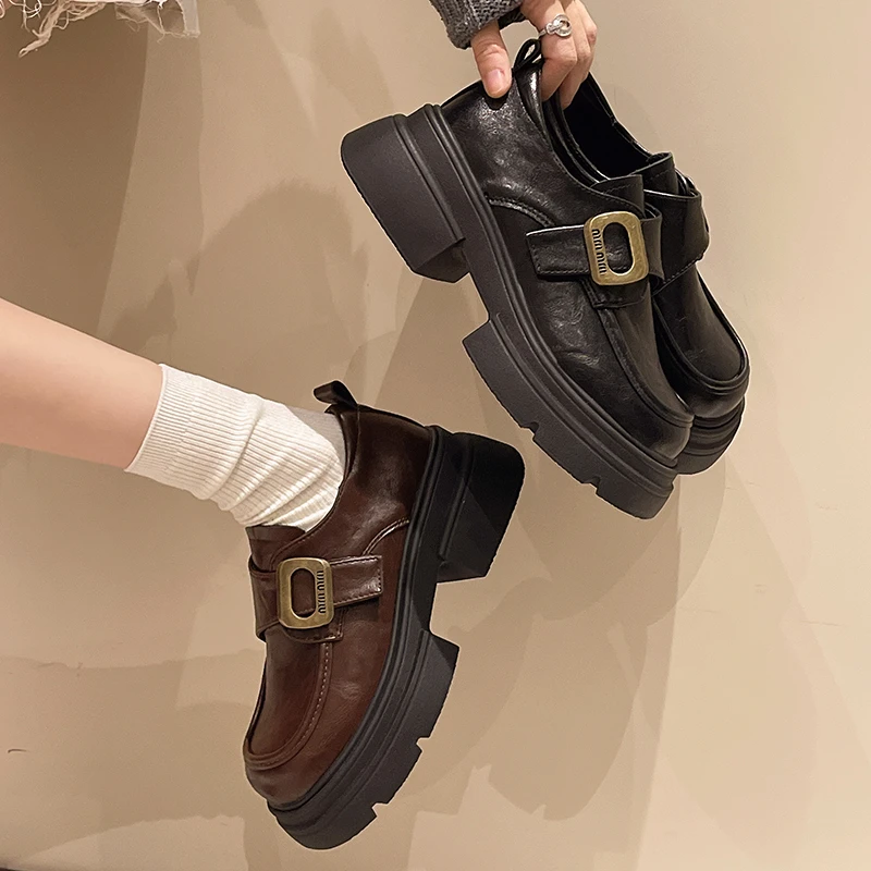 厚底黑色小皮鞋女2025春季新款增高英伦风乐福鞋松糕JK鞋通勤单鞋