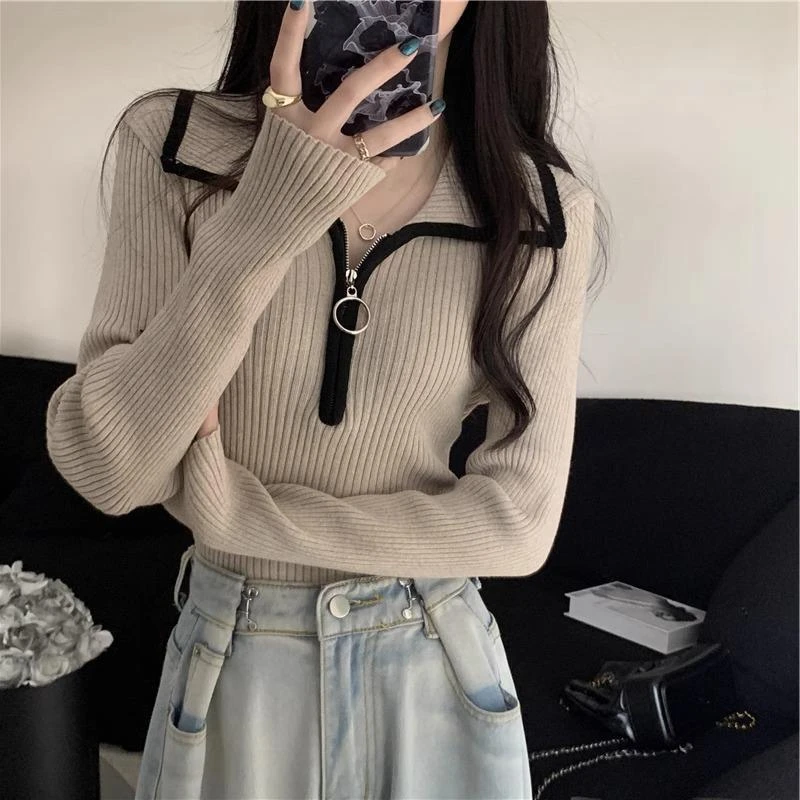 感撞色半拉链翻领毛衣女秋冬东莞大朗打底修身显瘦针织衫上衣女装