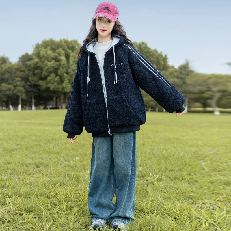 女童外套秋冬款2025新款中大童加厚夹棉休闲连帽双面穿夹克上衣