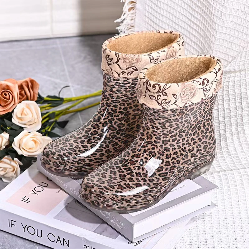 豹纹雨鞋中筒可拆洗防滑保暖加棉玫瑰花纹防滑雨靴