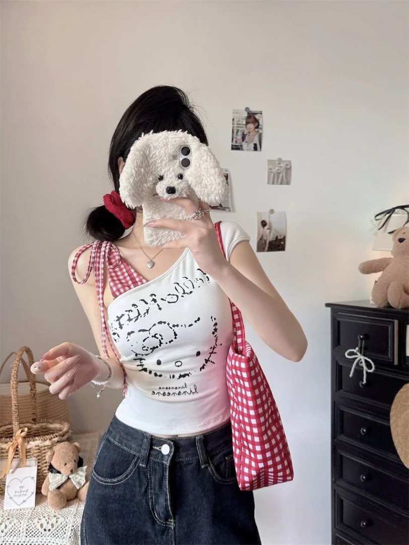 甜辣妹kitty猫格子拼接斜肩露肩带胸垫短款夏季女上衣