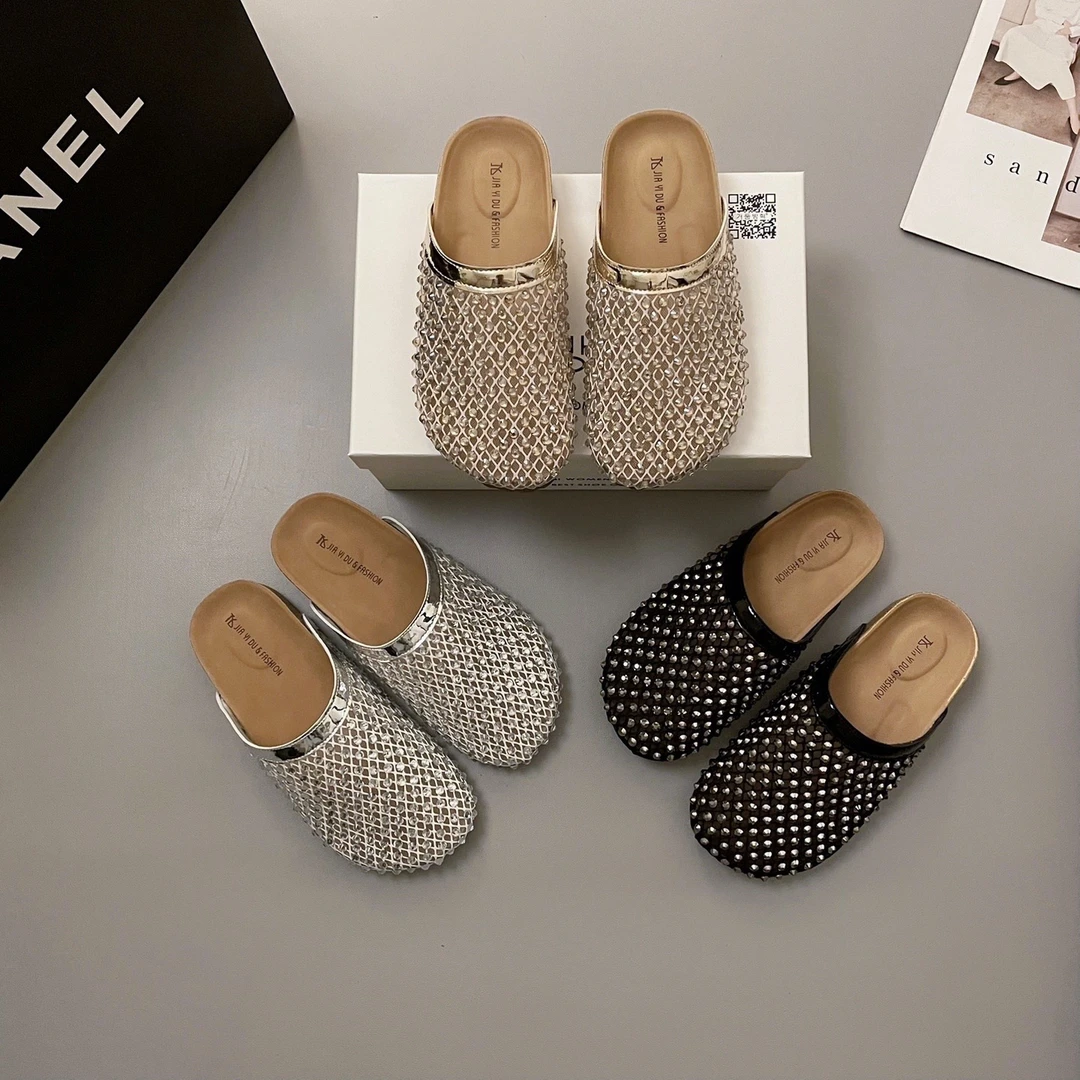 夏季网面气质水钻镂空包头半拖鞋百搭外穿配裙子2025新款法式凉拖