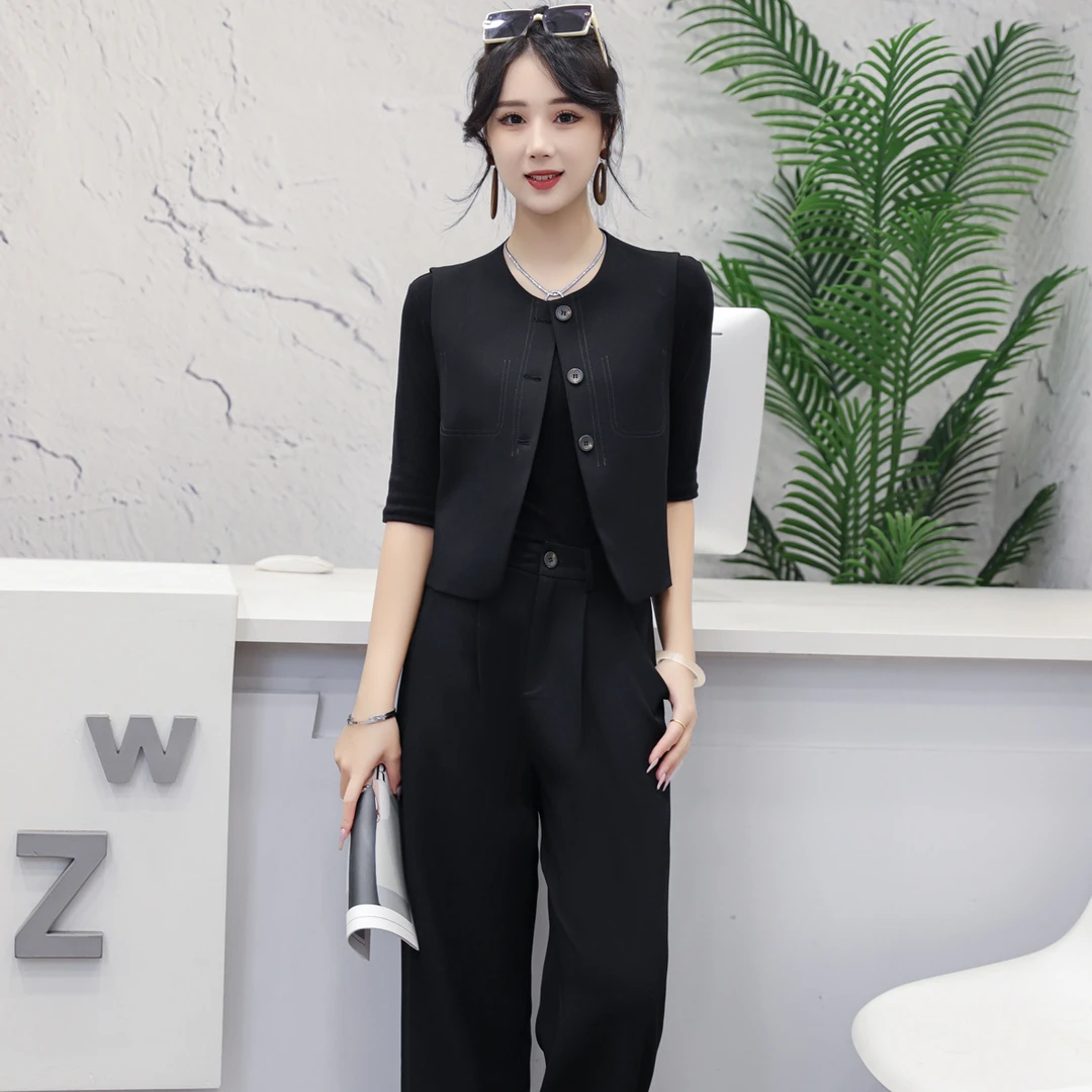 秋季时尚休闲减龄短款马甲➕阔腿裤套装显瘦气质洋气女神范6021