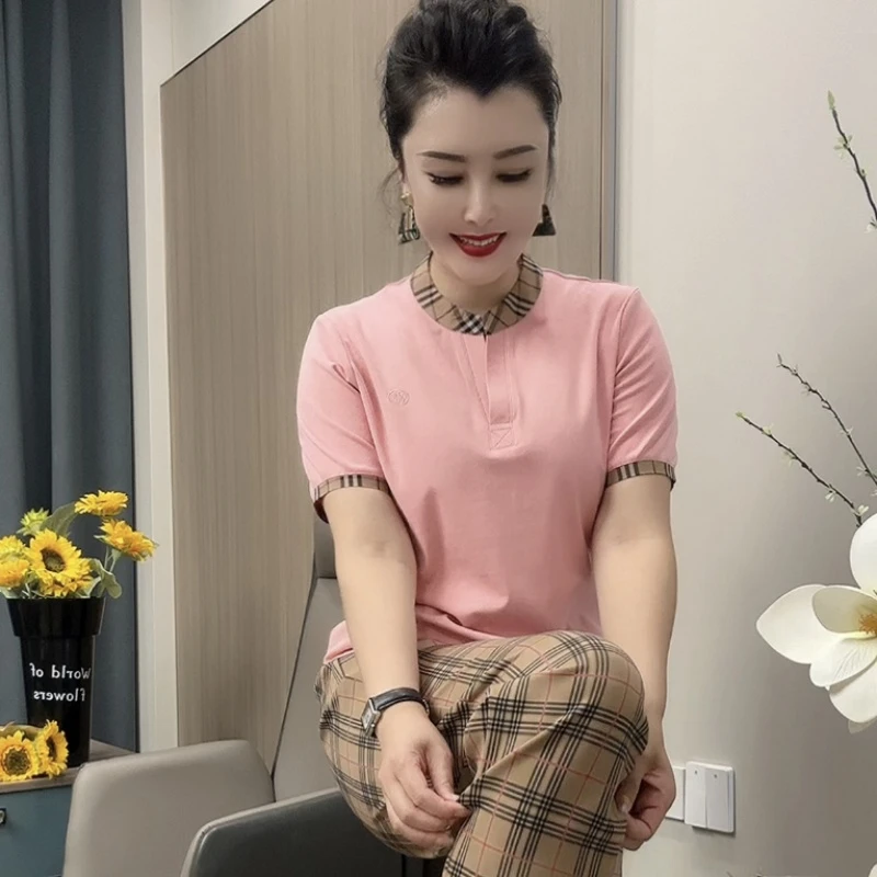 5708短袖-新款时尚拼接格子剪刀领口显瘦百搭T恤气质运动网红针织