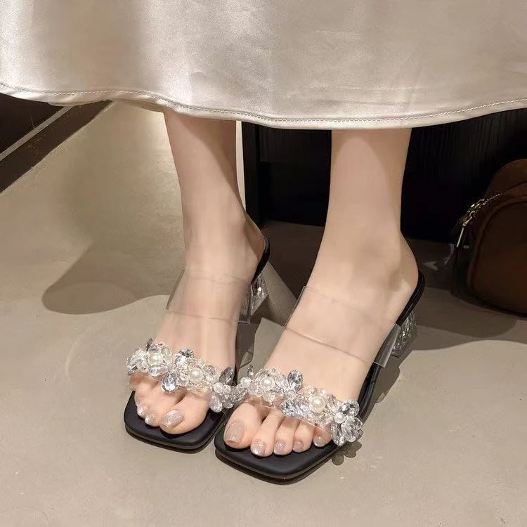 2025夏季新款仙女风透明水钻粗跟凉拖鞋855