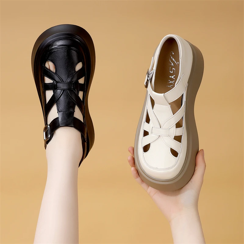 爆款洋气厚底罗马凉鞋女2025夏季镂空透气松糕包头舒适洞洞鞋女鞋