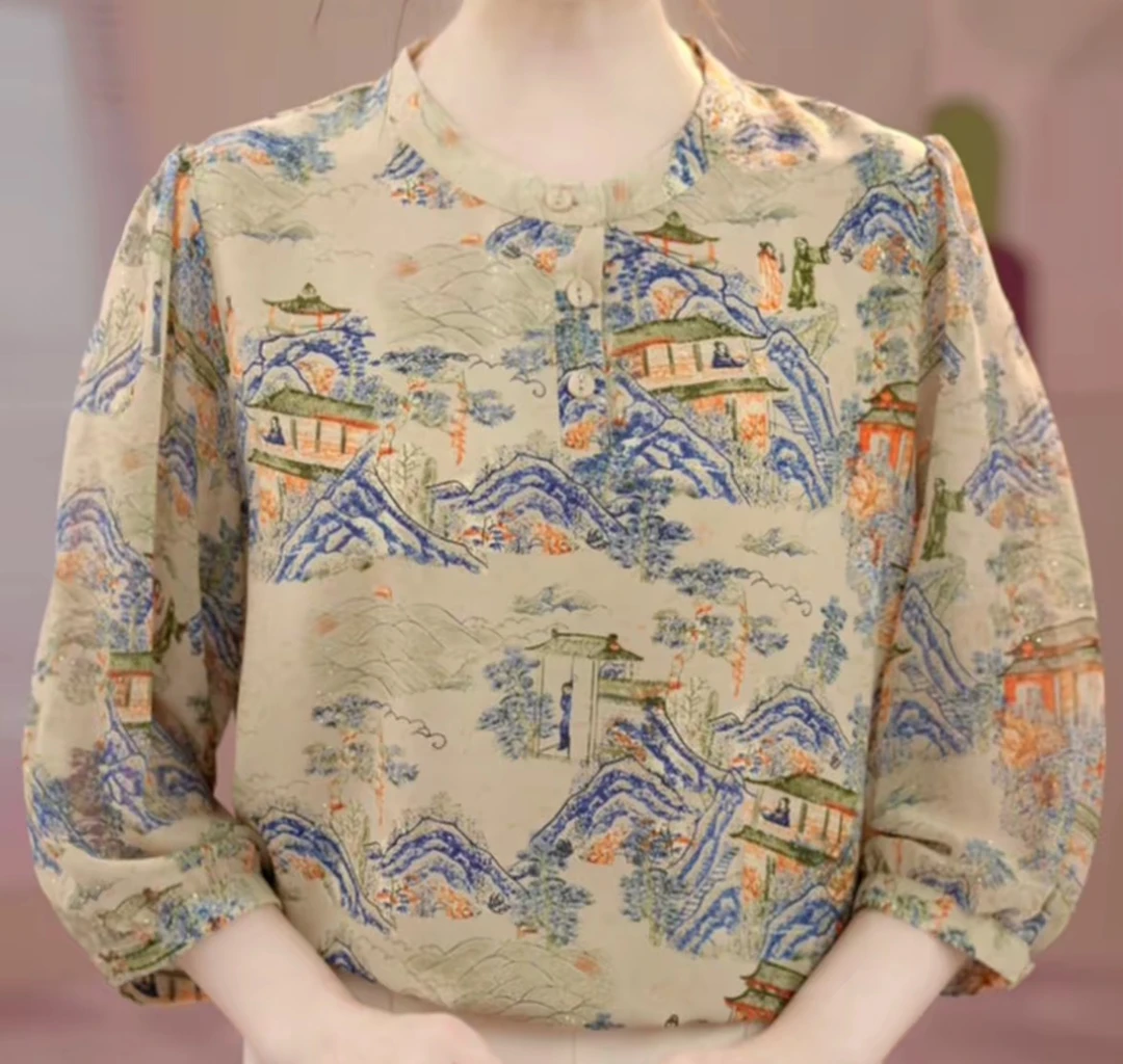 洒银工艺2025百搭时尚春夏季七分袖修身圆领上衣气质套头衬衫0802